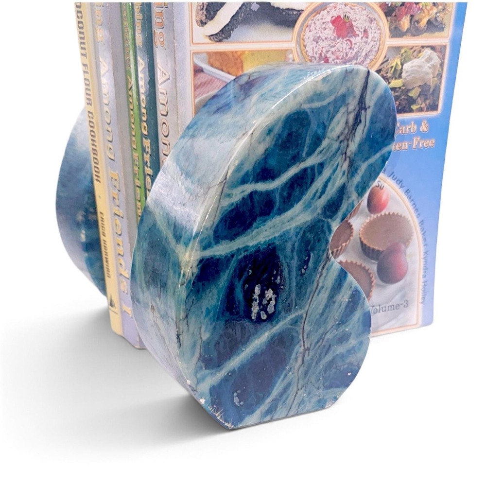 Vintage Blue Marbled Stone Bookends Heavy Polished Carved Sculptural Pair